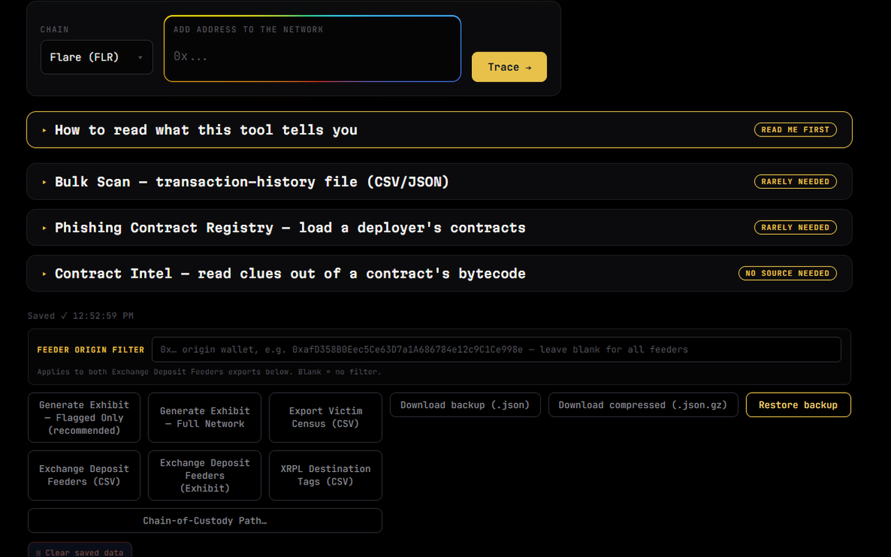 Wallet-Tracer investigation panel — chain selector, address input, exhibit and export tools